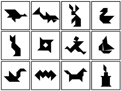This illustration shows 12 patterns that can be created using the tangram puzzle pieces.