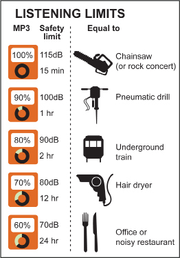 This chart shows safe exposure times to sounds of various volumes.