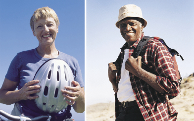 This shows a photo collage of an elderly man hiking and wearing a backpack and an elderly woman with a bicycle holding a bike helmet.