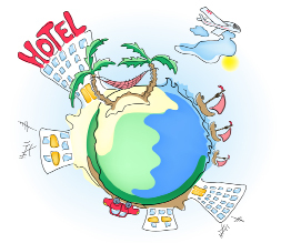 This shows an illustration of the planet surrounded by elements of travel.