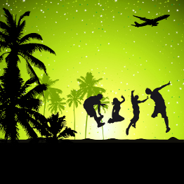 This shows an illustration of silhouettes against a green, starry background. The silhouettes depict four jumping teens, some palm trees, and a jet airplane flying in the sky.