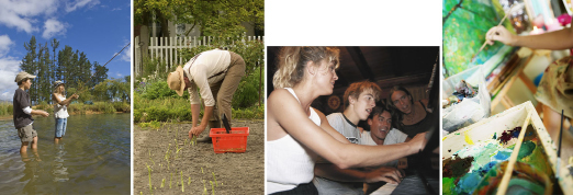 This shows a photo collage of a girl and boy with fishing gear, a senior man in a garden, two teens improvising at a piano, and a person painting.