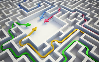 This is an illustration of a maze with many different routes as the correct solution.