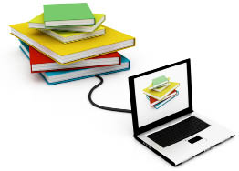 This is a graphic of a laptop connected to a stack of books.