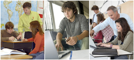A photo collage shows students learning in a variety of settings, including in a classroom, in a living room, and in a computer lab.