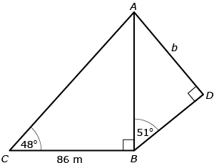 This is a picture of two right triangles: triangle ABC and ABD share side AB. In triangle ABC, side AC is the hypotenuse whose length is unknown, side CB has a length of 86 m, and side AB (shared with the second triangle) has an unknown length. Angle B equals 90 degrees and angle C equals 48 degrees. In triangle ABD, side AB is the hypotenuse whose length is unknown, and side AD is labelled b. Angle D equals 90 degrees and angle B equals 51 degrees.