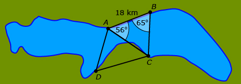 This is a map showing Lesser Slave Lake, with four possible trig point locations marked. The trig points have been connected to form two triangles: triangle ACD and triangle ABC. These triangles share side AC. In triangle ABC, the following measurements are given: angle A equals 56 degrees, angle B equals 65 degrees, and side AB is 18 km.