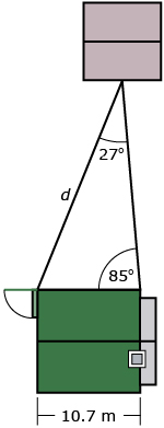 This picture shows Khadija’s house and shed, and the measurements she has made. The house is a square 10.7 m wide with a door at the upper left corner. Immediately above the house is a triangle that shares a horizontal line with the back of the house. The bottom right angle is 85 degrees, the bottom left angle is unknown, and the upper angle is 27 degrees. The side across from the 85 degree angle is labelled d.