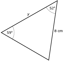 This picture shows an acute triangle with a 59 degree angle and a 52 degree angle. The side opposite the 59 degree angle is 8 cm, and the side opposite the unlabelled angle is labelled y.