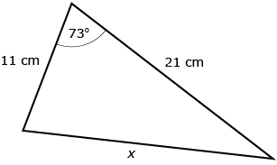 This picture shows an oblique triangle with sides of lengths 11 cm, 21 cm, and x. The angle between the 11 cm and 21 cm sides is 73 degrees.
