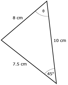 This picture shows an acute triangle with a 7.5 cm side, an 8 cm side, and a 10 cm side. The angle across from the 8 cm side is 45 degrees, and the angle across from the 7.5 cm side is labelled theta.