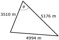 This is a picture of an acute triangle with side lengths of 3510 m, 5176 m, and 4994 m. The angle across from the 4994 m side is labelled theta.