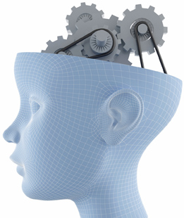 This illustration is of a head with gears for a brain.