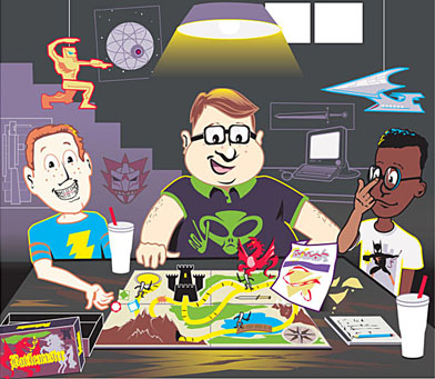 This is a cartoon image of three boys playing a board game.