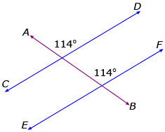 This is a graphic of transversal intersecting parallel lines. Two corresponding angles both measure 114 degrees.