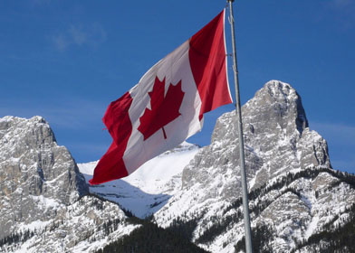 This photo is of the Canadian flag at Canmore Nordic Centre in Canmore.