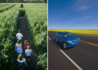 Left photo: This illustration is children walking through the Lacombe Corn Maze. Right photo: This illustration is a car on a highway in central Alberta.