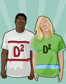 This is an illustration of a T-shirt with two parallel lines as part of a logo design. The logo on the shirt reads D squared.