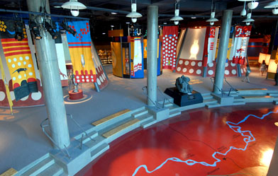 This is a photo of several Aboriginal designs displayed at the Blackfoot Crossing Historical Park.