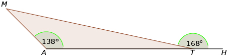 This is a diagram of a triangle with an exterior angle, angle H. Angle A is 138 degrees. Exterior angle MTH is 168 degrees.