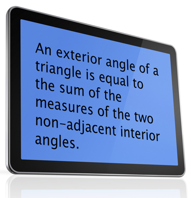 This is a photo of a conjecture written on a screen stating that an exterior angle of a triangle is equal to the sum of the measures of the two non-adjacent interior angles.
