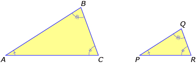 This illustration shows two similar triangles that have the same angle measures (AAA) but are not congruent.