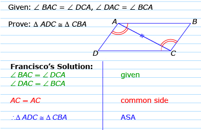 This is an illustration of a student’s solution for proving that two triangles are congruent.