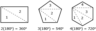 This illustration is a rectangle, a pentagon, and a hexagon that are divided into triangles.