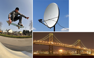 Clockwise from left are three photos of the following: a teenage male performing a jump on his skateboard at a skateboard park; a satellite receiver antenna; a suspension bridge.