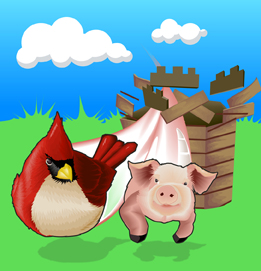 This image shows a bird and a pig flying through and knocking down a wooden fortress.