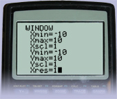 This shows default window settings for a graphing calculator. The Xmin value is negative 10; the Xmax value is 10; and the Xscl value is 1. The Ymin value is negative 10; the Ymax value is 10; and the Yscl value is 1.