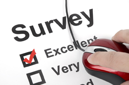 This is a photo of a hand holding a computer mouse over a survey sheet with the word excellent selected.
