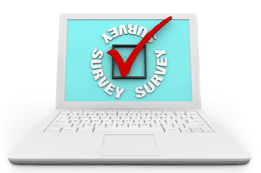 This illustration shows the screen of a laptop computer with a checkmark surrounded by the word survey.