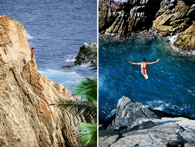 This collage shows two views of cliff divers in Acapulco, Mexico.