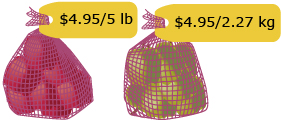This is an illustration of a bag of red apples with a sales tag showing a price of $4.95 per five pounds and a bag of green apples with a sales tag showing a price of $4.95 per 2.27 kilograms.