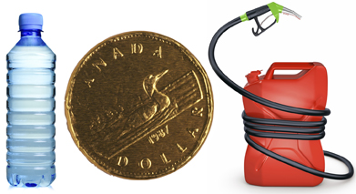 This photo collage shows a bottle of water and a gas canister with a loonie in between.