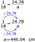 This illustration shows a proportion where the left-hand side is one over 18 is equal to the right-hand side 24.78 over a. The numerator and the denominator are multiplied by 24.78 to show that a is equal to 446.04 cm.