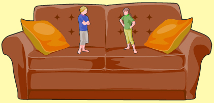 This is an illustration of a couch made in a large scale to make two people look like they have been shrunk.