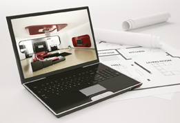 This illustration is of a 3-D model of the inside of a house shown on a laptop screen. The laptop is surrounded by house blueprints.