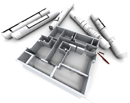 This illustration is of a 3-D model of the inside of a house. Five rolls of house blueprints are placed beside the model.