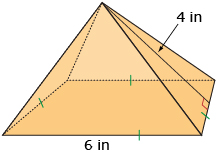 This is an illustration of a square pyramid with a base length of 6 inches and a slant height of 4 inches.