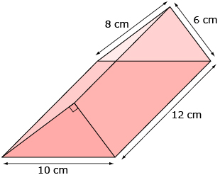 This is an illustration of a right triangular prism. The triangular base of the prism has two sides with lengths of 8 cm and 6 cm and a hypotenuse with a length of 10 cm. The length of the rectangular face of the prism is 12 cm.