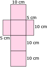 This is an illustration of a net. There are 4 squares that lie in a row along the net. These squares have sides that are 10 cm in length. Two 5 cm by 10 cm rectangles lie adjacent to the second 10 cm by 10 cm square.