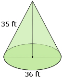 This is an illustration of a right cone with a diameter of 36 feet and a slant length of 35 feet.