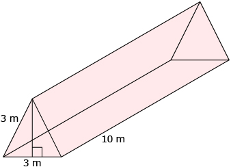 This is an illustration of a right triangular prism with a slant height of 3 m, a base of 3 m, and a length of 10 m.