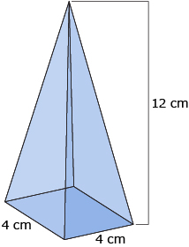 This is an illustration of a square pyramid with base dimensions of 4 cm on each side and a height of 12 cm.