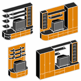 This is an illustration of a modular entertainment unit. The pieces of the unit can be arranged in a variety of different ways depending on space limits and storage requirements.
