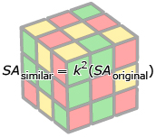 This is an illustration of a Rubik’s Cube that has the formula SAsimilar = k squared(SAoriginal) on it.