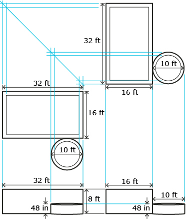 This illustration shows a set of blueprints for a rectangular pool that has a length of 32 feet, a width of 16 feet, and a depth of 8 feet. A cylindrical hot tub is located at one end of the pool. The hot tub has a diameter of 10 feet and a depth of 48 inches.