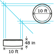 This is an illustration of a hot tub that has a diameter of 10 feet and a depth of 48 inches. The hot tub is shaped like a right cylinder.